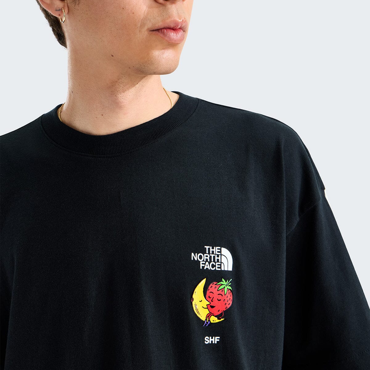 Black tee with colorful SHF logo and 'The North Face' branding on a plain background